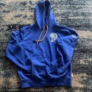 Blue Hoodie with Logo and Yellow Drawstrings